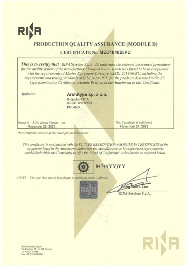 GRANDEX. Certifikat o nadzoru proizvodnje RINA MED184025PU